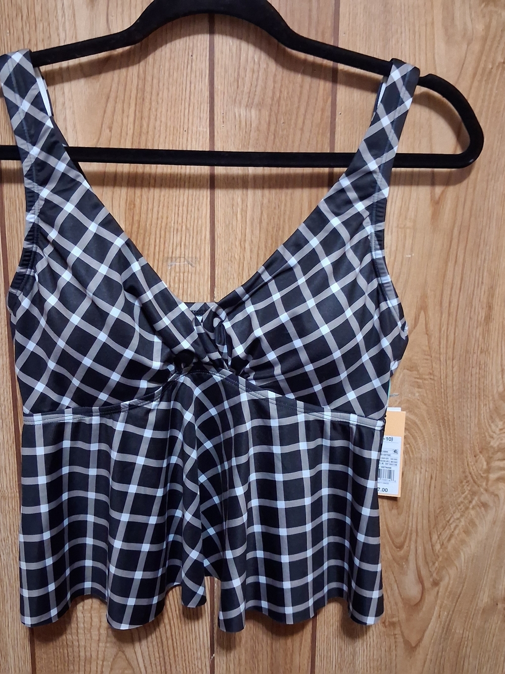 New Cropped Tankini Top in Black and White Plaid Med Resort Wear Vacations